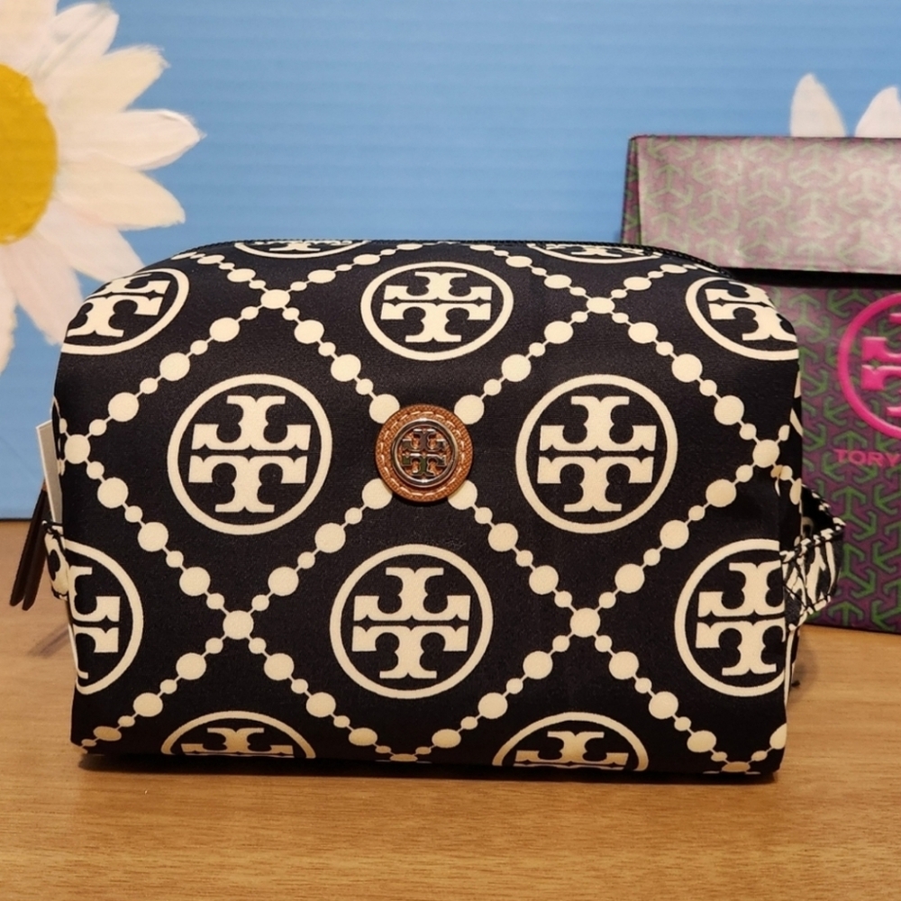 Tory Burch Black and Cream Logo Cosmetic Case